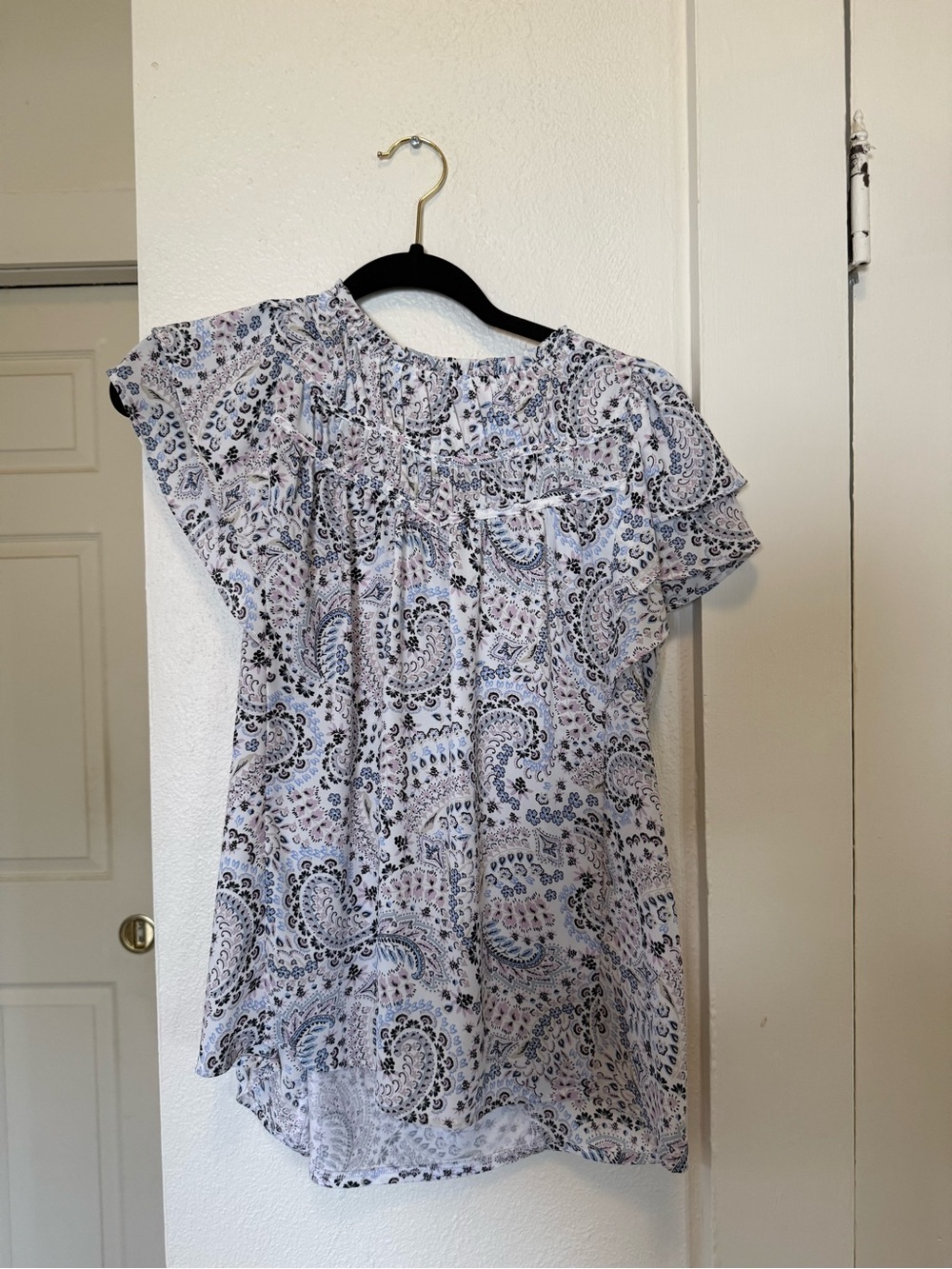 LOFT Light Blue Paisley Ruffle Yoke Blouse